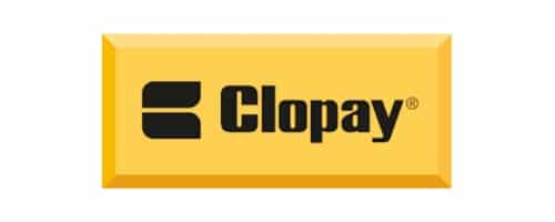 Clopay logo featuring a black stylized icon and the word Clopay in bold black letters on a yellow rectangular background.