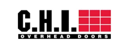 Logo for C.H.I. Overhead Doors, featuring C.H.I. in bold black letters, a grid of six red squares on the right, and OVERHEAD DOORS in white text on a black bar below.