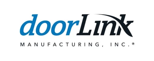 Logo for doorLink Manufacturing, Inc. The word door is in blue, Link is in black with a curved line above, and MANUFACTURING, INC. is in black uppercase letters below.