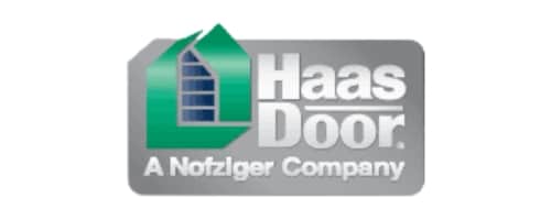 Haas Door logo featuring a green and blue stylized garage door graphic and the text Haas Door. A Nofziger Company on a silver, rectangular background.