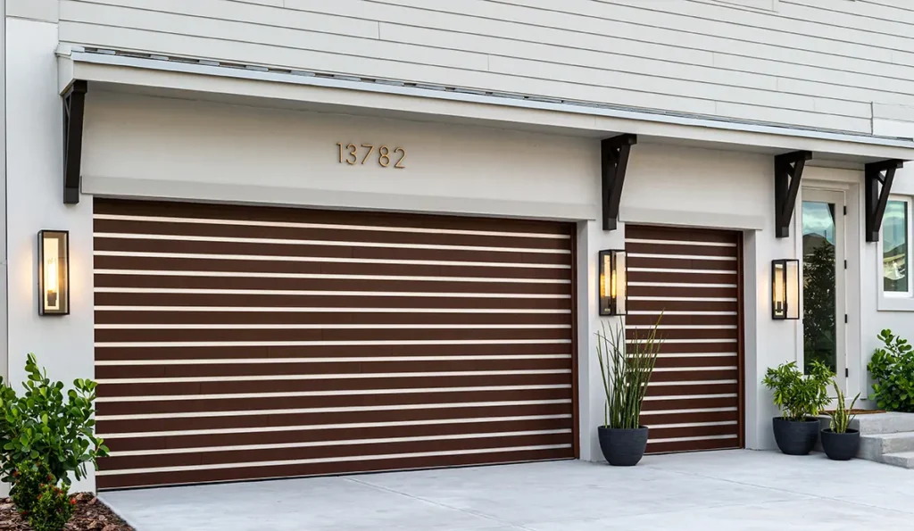 Modern house exterior with two brown garage doors featuring horizontal white stripes, potted plants on either side, wall-mounted lantern lights, and house number 13782 above the garages.