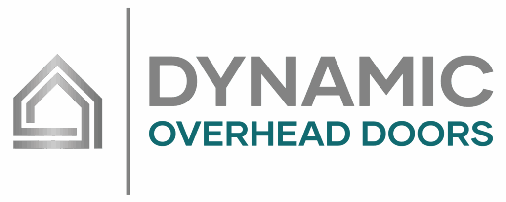 Logo for Dynamic Overhead Doors featuring a stylized house icon on the left and the company name in bold gray and teal letters to the right.