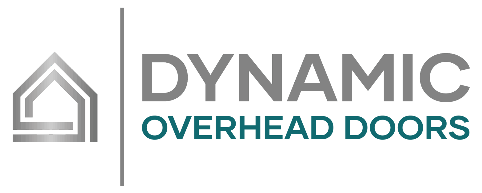 Logo for Dynamic Overhead Doors featuring a stylized house icon on the left and the company name in bold gray and teal letters to the right.
